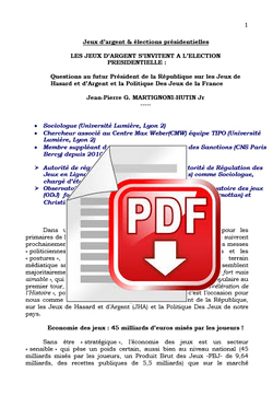 LES JEUX DARGENT SINVITENT A LELECTION PRESIDENTIELLE par Jean-Pierre MARTIGNONI