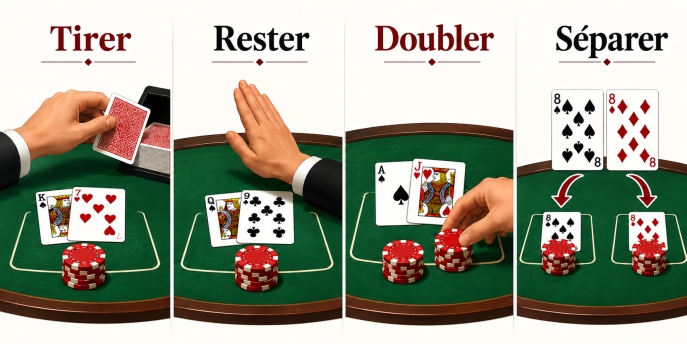 Les principales actions au blackjack : tirer, rester, doubler et séparer