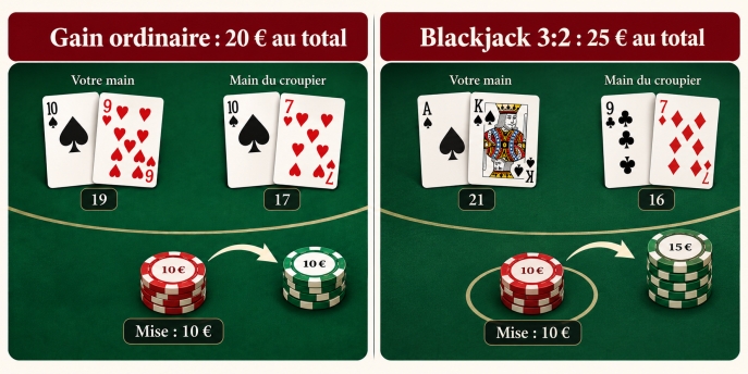 Exemples de gains au blackjack avec une mise de dix euros
