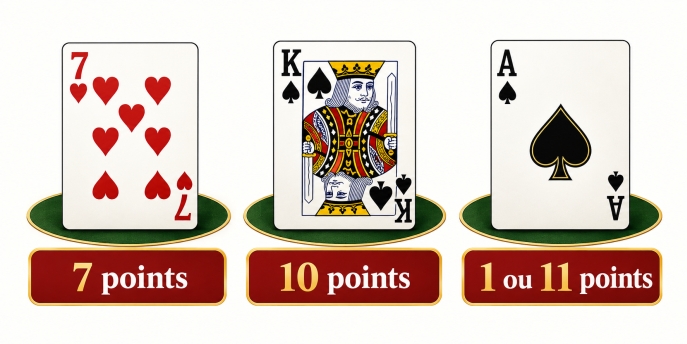 Valeur des cartes au blackjack : cartes numérotées, figures et as